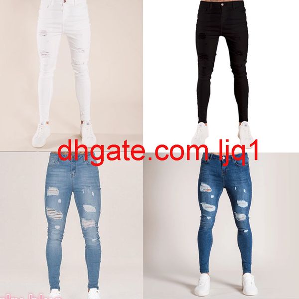 

2020 new men's white slim leggings with holes and paint ties jeans for men, Blue