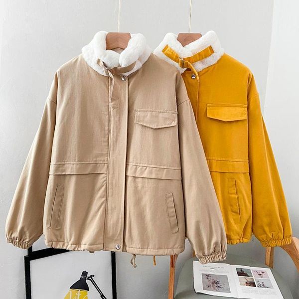 

autumn warm thicken coat women fashion fur stand collar long sleeve safari style harajuku jacket female winter outwear 1, Black;brown