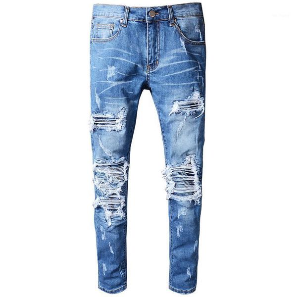 

brand men's stripe painted blue jeans fashion slim skinny holes patchwork stretch denim jeans pants for man big size 40 6041