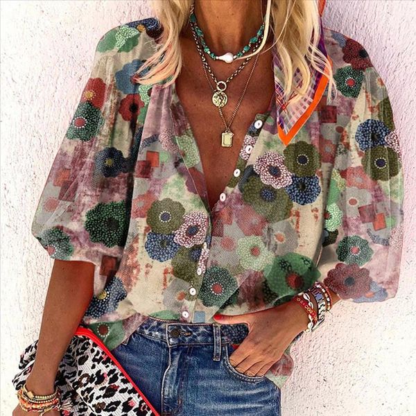 

2020 женщины bohemian блуза с длинным рукавом sexy глубокий v шеи пляж blusas summer casual цветочные printed boho блузы, White