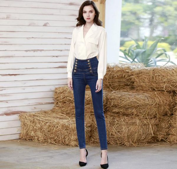 

winter extra large stretch jeans women waist strapped pants little pencil feet 2kgt, Blue