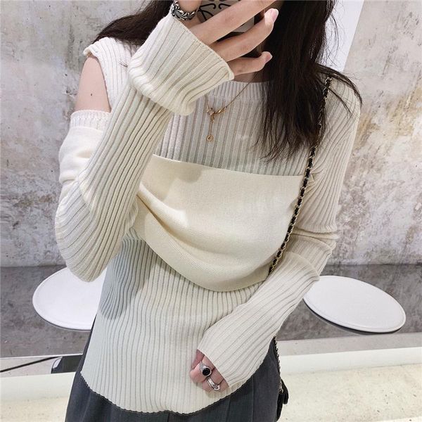 

lmq new women off shoulder o-neck sweater solid color pleated 2020fall winter highstreet knitted slim pullovers jumper, White;black