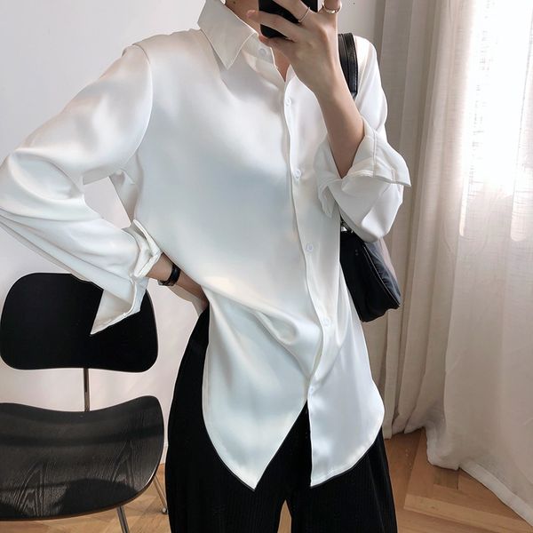 

2021 new women white turn down collar long sleeve satin material womens and blouses casual shirt blusas roupa feminina mu75