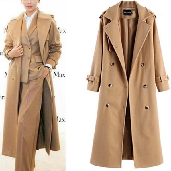 

2020 winter fashion coat women woolen long belted double breasted blends wool turn down collar coats, Black