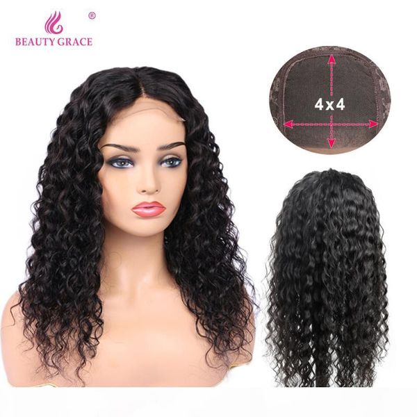 

beauty grace water wave lace front wig 4x4 human hair lace wig density 150% brazilian remy hair 10-26 inches, Black;brown