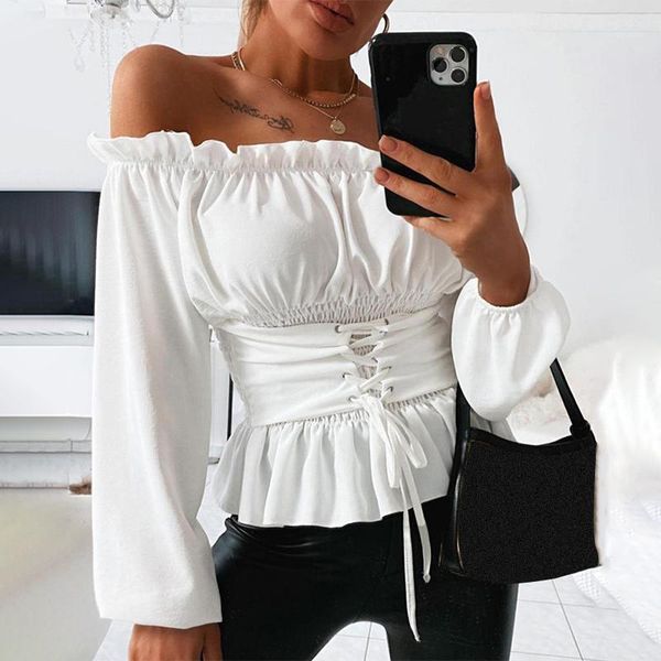 

off shoulder bandage women's blouse ruffle letter print lace up lantern sleeve female blouses 2020 summer fashion ladies, White