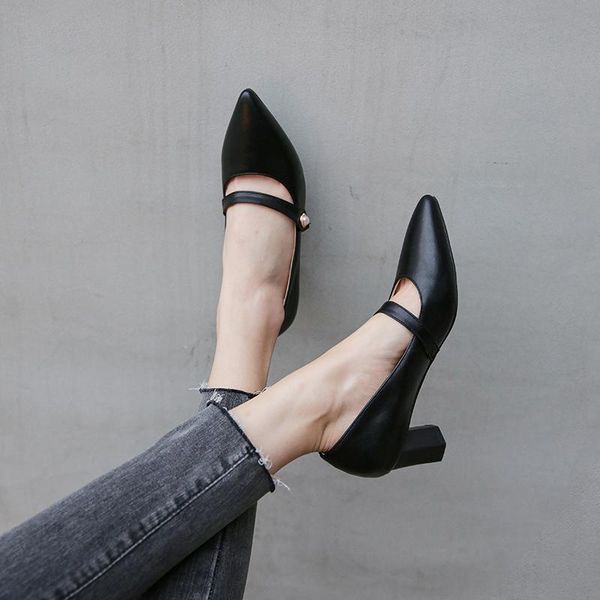 

2021 spring women shoes pointed toe pumps sandals lady high heels strap thick with wild female sandalias femeninas 32, Black