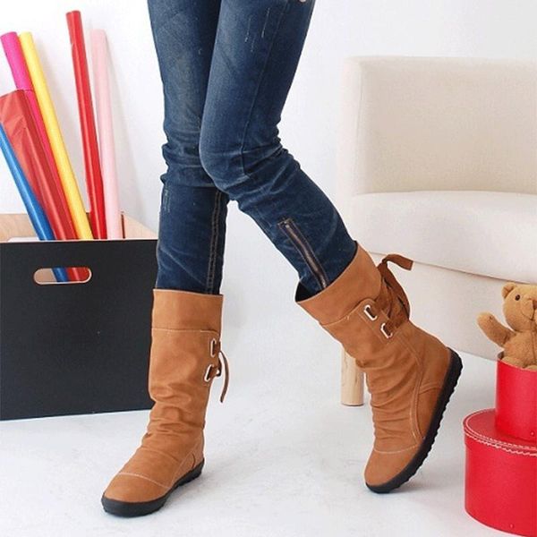 

2020 new mid-calf boots women fashion platform boots slip on lace-up solid flat heels ladies casual warm shoes, Black