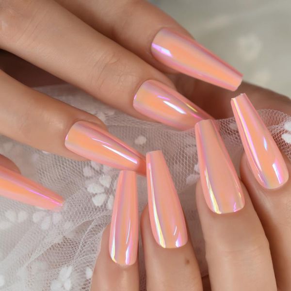 

false nails chrome pink mirror thick holographic metallic extra long tapered coffin faux ongles fingernails, Red;gold