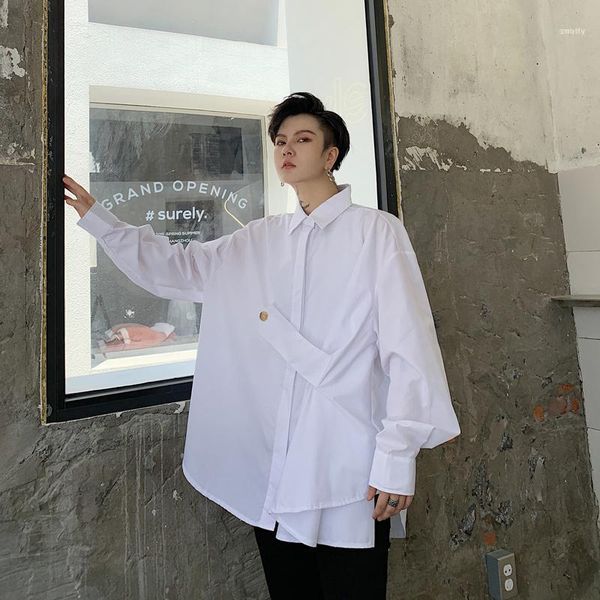 

men stage clothing long sleeve button design loose casual shirt male vintage fashion streetwear hip hop party dress shirt11, White;black