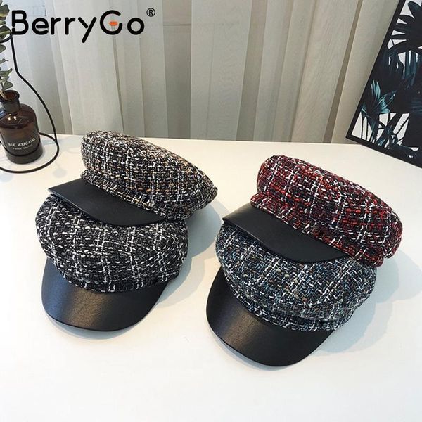 

berrygo casual plaid tweed cap women autumn winter fashion beret hat female caps streetwear fashion ladies painter hats, Blue;gray