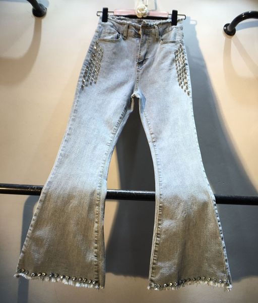 

jean woman new style industrial diamond set beads high waist slim fit elasticity denim women's pants ripped jeans mujer, Blue