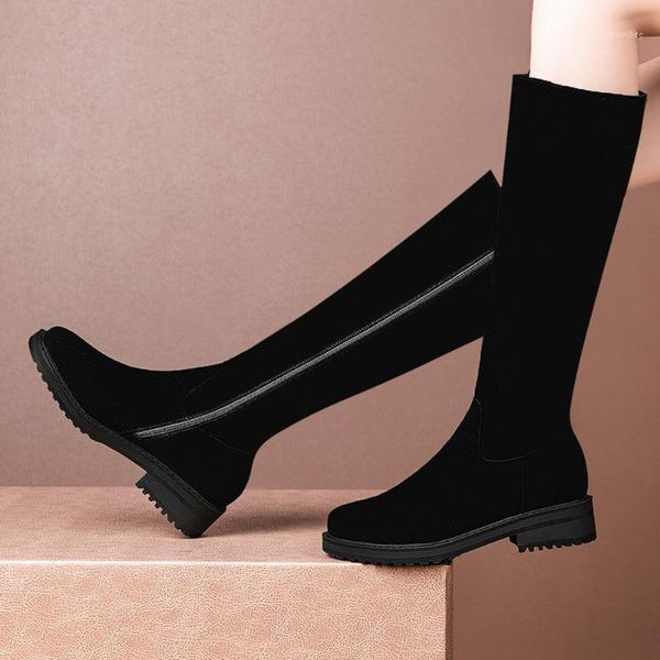 

boots women's natural suede leather flats winter knee high round toe casual thick sole black slim warm plush cold weather shoes1