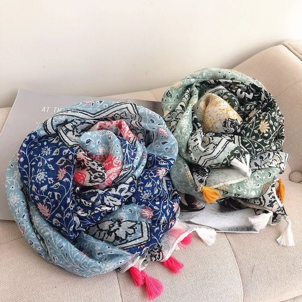 

women geometric floral tassel viscose shawl scarf print soft wrap pashmina stole bufandas muslim hijab sjaal y201007, Blue;gray