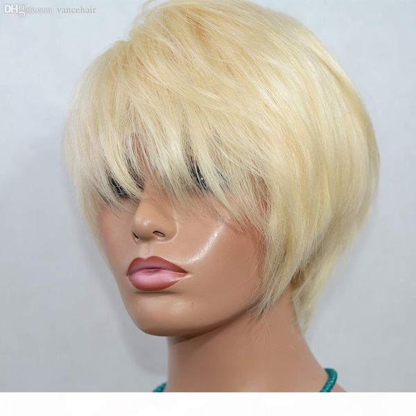 

vancehair 613 blonde full machine human hair wigs short human hair pixie cut layered bob wigs, Black;brown