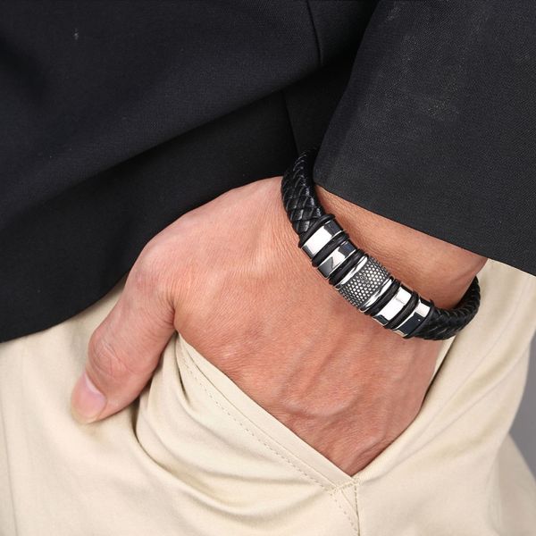 América Europa popular preto genuíno couro pulseira magnética braceletes para homens