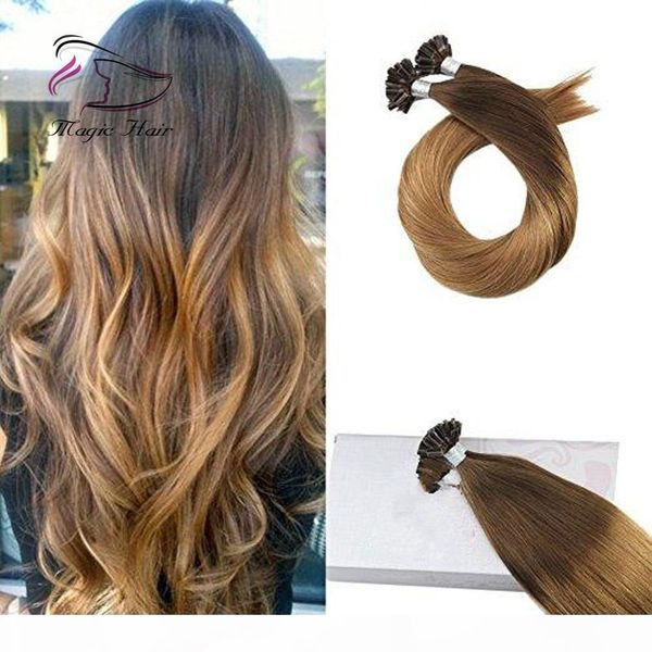 

u tip keratin remy human hair extension chocolate brown #4 ombre to caramel blonde #27 (#t427, Black