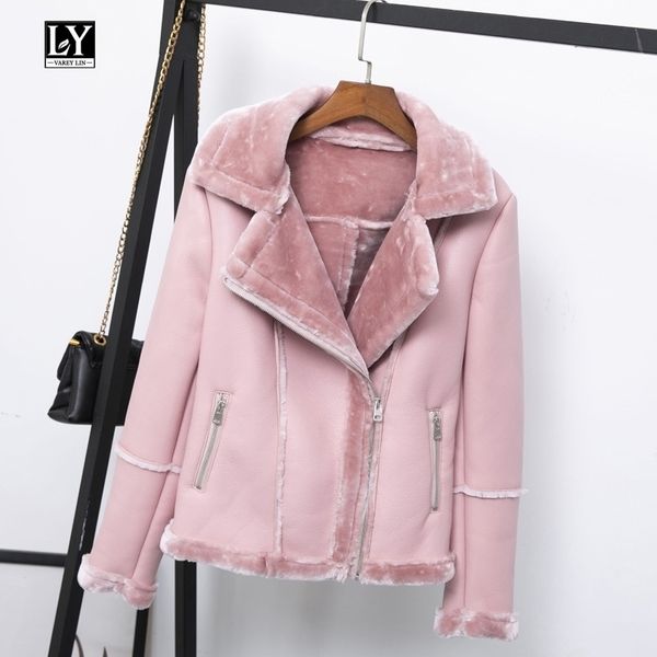 

ly varey lin new women winter faux lamb leather jacket black pink punk lambs wool fur collar jacket female warm thick outerwear 201030