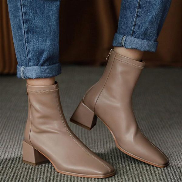 

stretch ankle boots woman thick med heel booties square toe slim ankle shoes women zipper skid proof autumn winter boots, Black