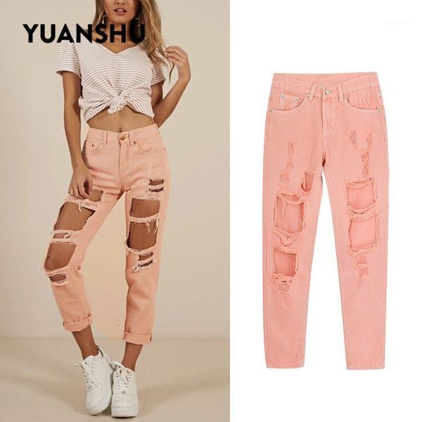 

women's jeans yuanshu high waist women destroyed ripped distressed slim cool denim pants vintage female boyfriend pink trousers1, Blue
