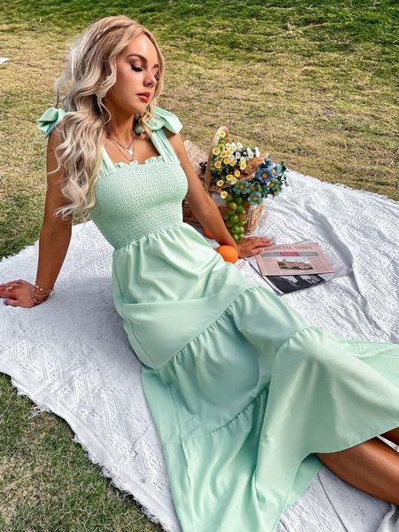 

tie shoulder shirred ruffle hem cami dress j2pb#, Black;gray