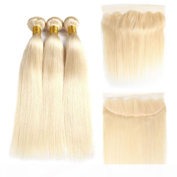 

brazilian virgin hair #613 blonde 3 bundles with 13*4 lace frontal straight human hair weave bundles with ear to ear closure part, Black;brown