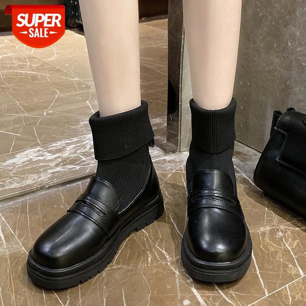 

lucyever elastic knitting platform ankle boots for women fashion pu leather chunky shoes woman round toe waterproof booties #du1i, Black