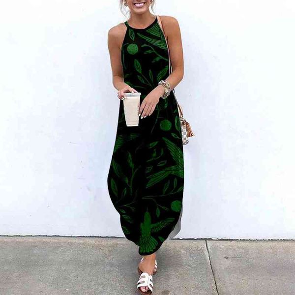

2022 sojinm maxi dresses for women floral printed sleeveless women causal summer beach dress sling long dresses streetwear 4xl y220214, Black;gray