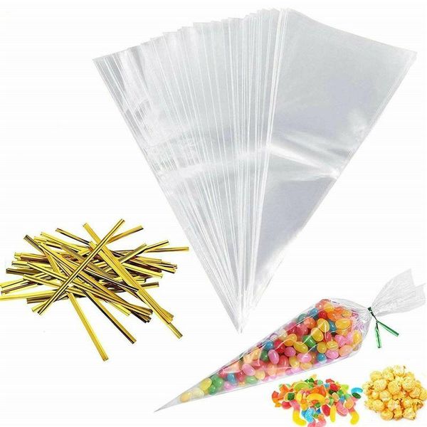 

100шт diy candy bag прозрачный конус сумки очистить cello подарочные пакеты сладости treat мешки с золотом перевязку чехлы украшение sqcvpt