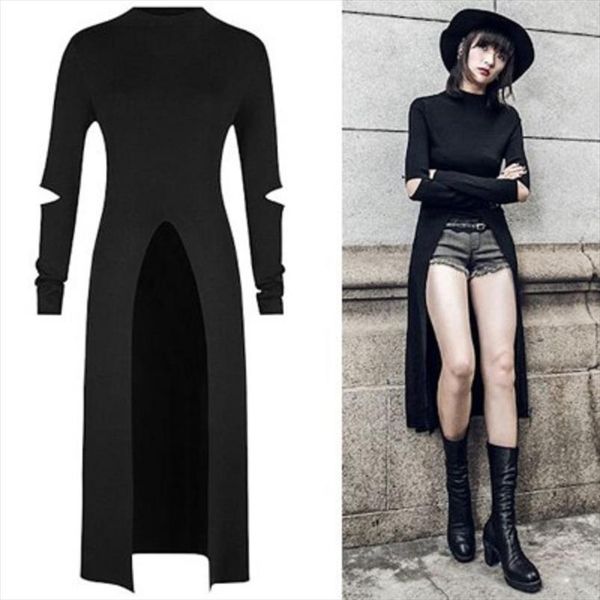 

2020 dress women fashion autumn punk gothic streetwear long sleeve runway bodycon hole pour v dress vestidos, Black;gray