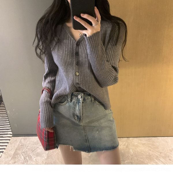 

ucows grey stacked knitted cardigan women's sweater 2020 spring and autumn vke v-neck short foreign style thin sweatercoat sweatercoa, White;black