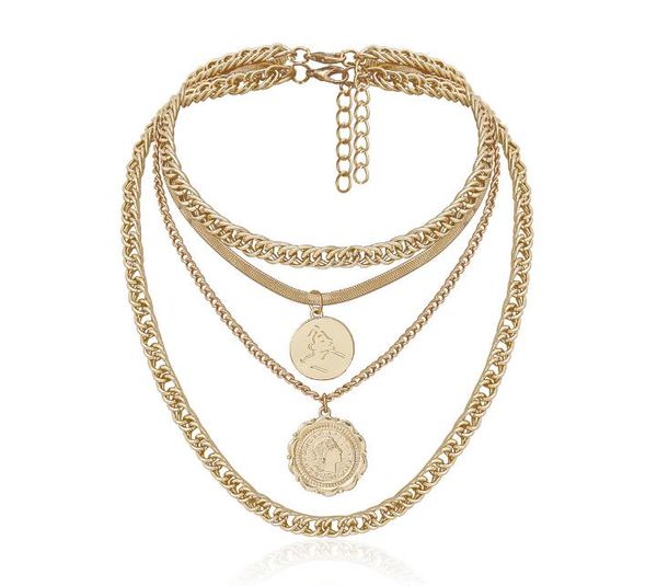 

personalized hip-hop thick chain necklace exaggerated retro round brand lace multi-layer tag necklace fashion jewelrygd867, Silver