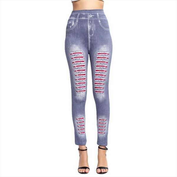 

womens leggings fashion imitation denim high waist hips stripe print trouser plus size grote maten dames kleding t, Black