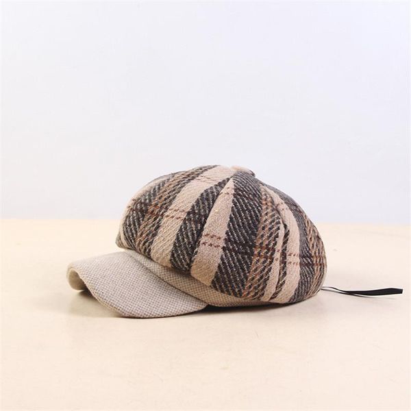 

stingy brim hats 2021 women plaid duck tongue beret simple casual octagonal cap autumn winter joker painter hat 06, Blue;gray