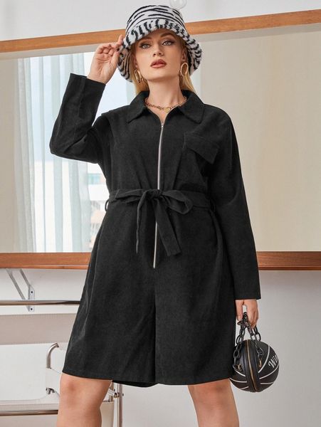 

plus zip front belted corduroy romper i06r#, Black
