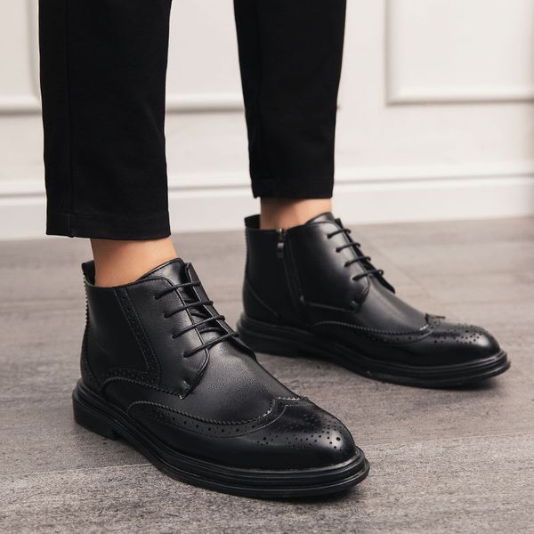

2020 new 2019 new arrival mens trendy business high-leather shoes ankle boots formal shoes brogue vintage fashion shoes plus size men, Black