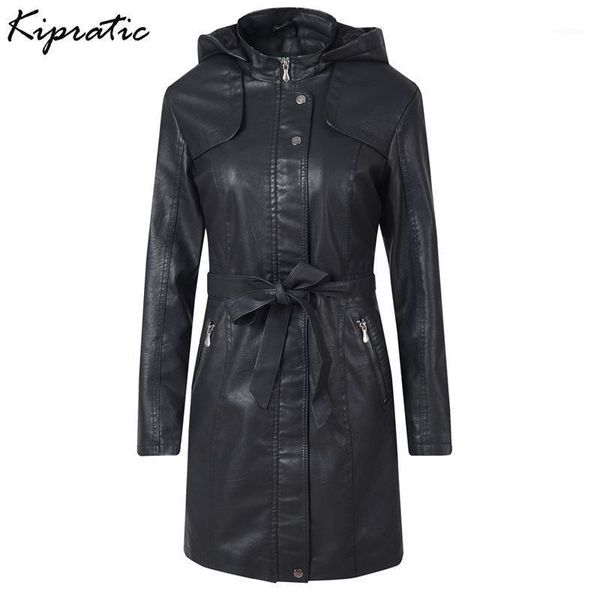 

6 colors winter women pu leather jacket women flocking hooded outwear mid-length ladies thick faux leather coat with sashes1, Black