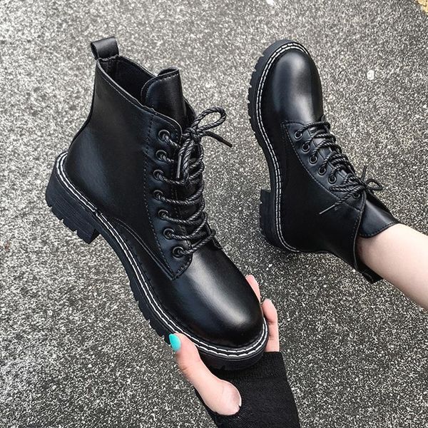 

lady boots lace up women's low shoes luxury designer round toe flat heel boots-women med ankle rock fashion rubber summer, Black