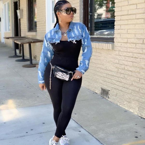 

2020 autumn hole sjean jacket spring vintage loose long sleeve ripped denim jacket women cropped1, Black;brown