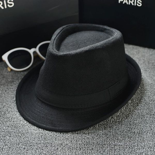 

men's solid color jazz hat summer pu leather panama british style sun hat men women curling woolen fedoras for men, Blue;gray