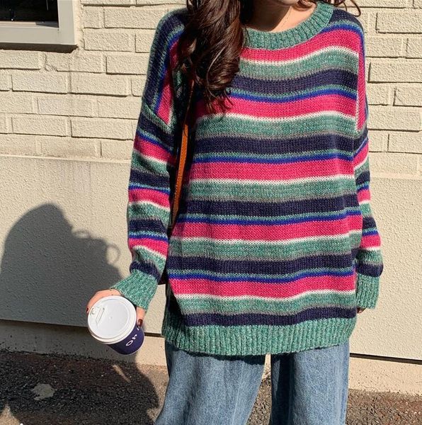 

new women's loose rainbow striped round neck long sleeve sweater1, White;black