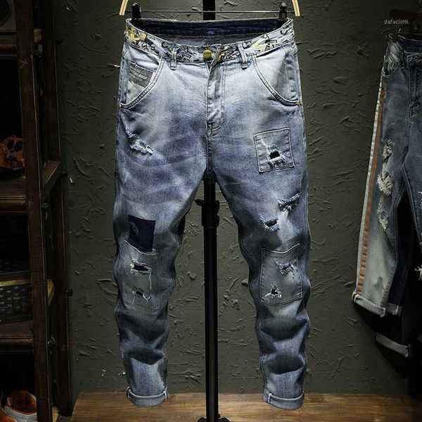 

men stretch denim skinny jeans streetwear destroyed ripped jeans homme hip hop broken patch hole pencil biker pants1, Blue