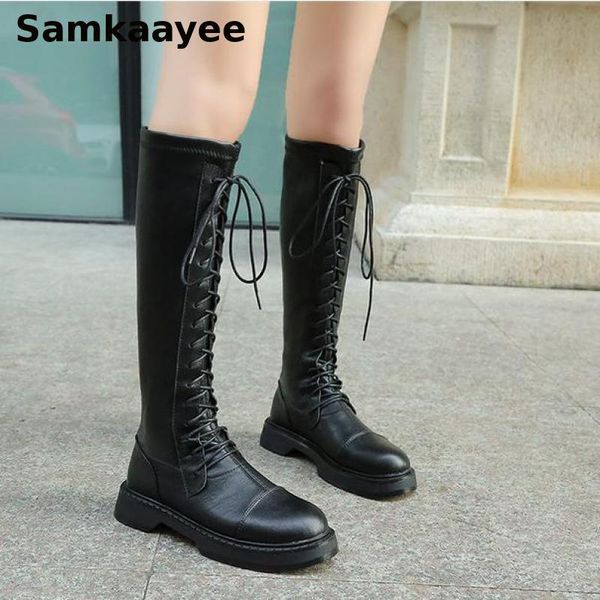 

size 35-40 womens boots winter female knee botas thigh high platform cross strap shoes pu leather lace-up round toe zapatos y45, Black