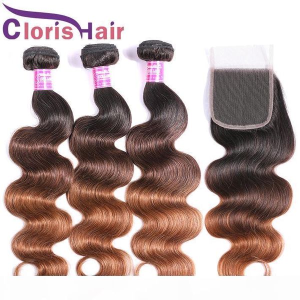 

pre plucked 4x4 human hair lace closure with bundles 1b 4 30 peruvian virgin body wave ombre extensions colored auburn brown weaves closure, Black;brown