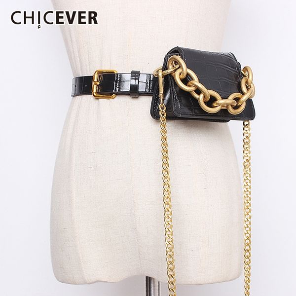 

chicever vintage patchwork metal chain hit color women's belt with bag adjustable accessories pu leather belts female new 2020 t200427, Black;brown