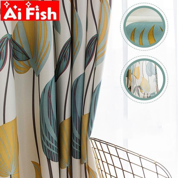 

blue-yellow print leaf shade curtains for living room art leaves window treatment drapes for bedroom blackout curtains my097#31