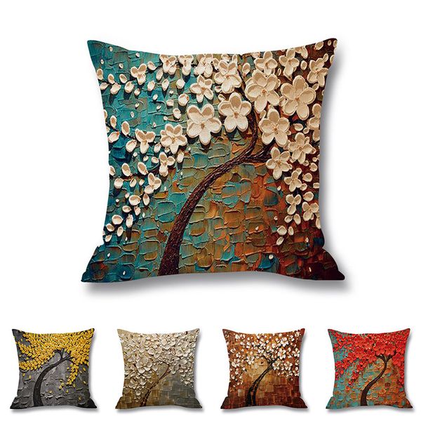 

oil painting style pillow case lover decor season life tree decorative waist throw pillow cover cases