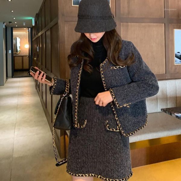 

jsxdhk fashion two piece suits 2021 winter korea wool blend cardigan outerwear + bodycon grey mini skirt grey dress new1, Gray