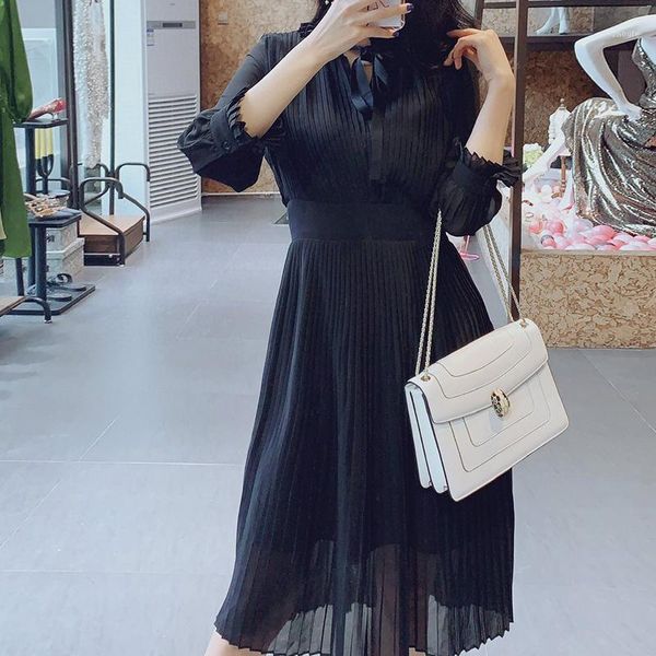 

fashion 2020 runway dress women's petal sleeve ruffles pleated mid-calf dress1, Black;gray