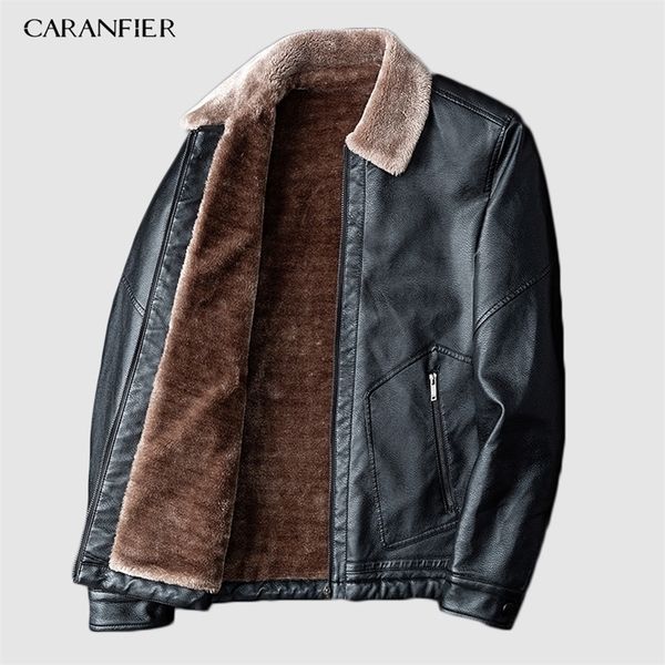 

caranfier men leather jacket male autumn winter motorcycle retro pocket thermal collar velvet coats leather biker jackets 201223, Black